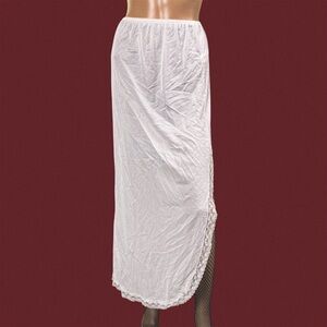 Vintage white midi satin slip skirt with lace trim